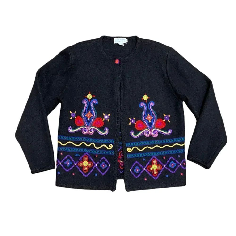 Doncaster Sport Vintage Black Embroidered Wool Cardigan Sweater